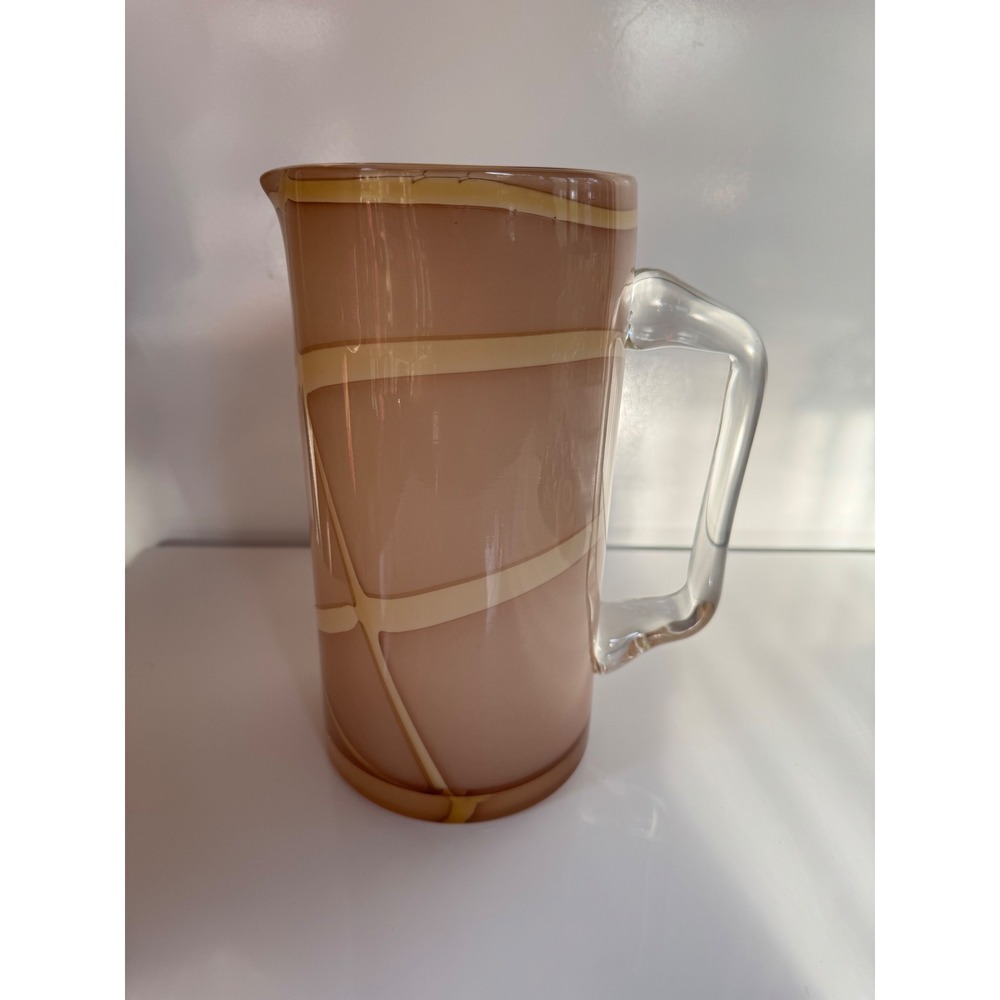 Vintage Pier 1 Hand Blown Frosted Glass Pitcher Mauve Pink Swirl Art Glass